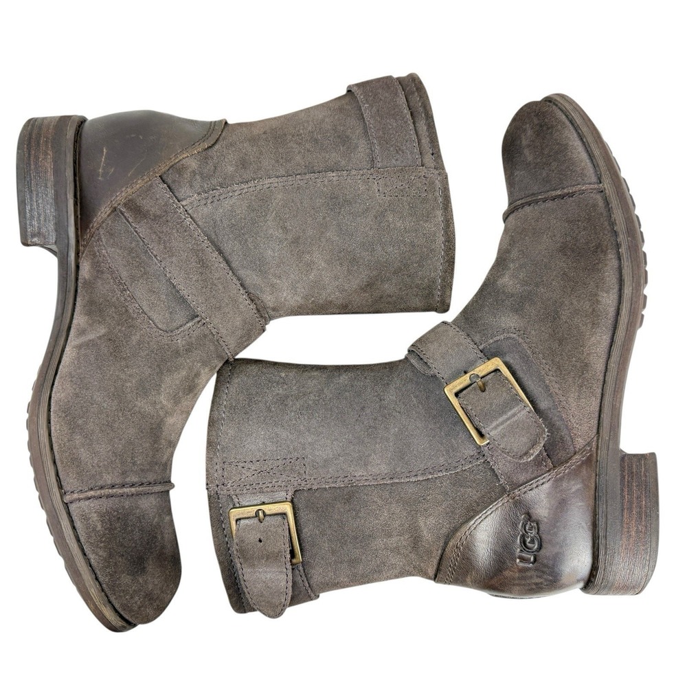 UGG Ellee Engineer Boots Women 39.5 9 Grey Suede Leather Cap Toe Buckle Moto - Picture 8 of 12